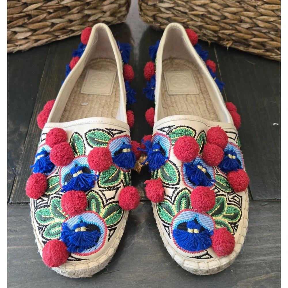 TORY BURCH Ellis Pom-pom‎ Embroidered Leather Textile Espadrille Flats 7.5 Shoes